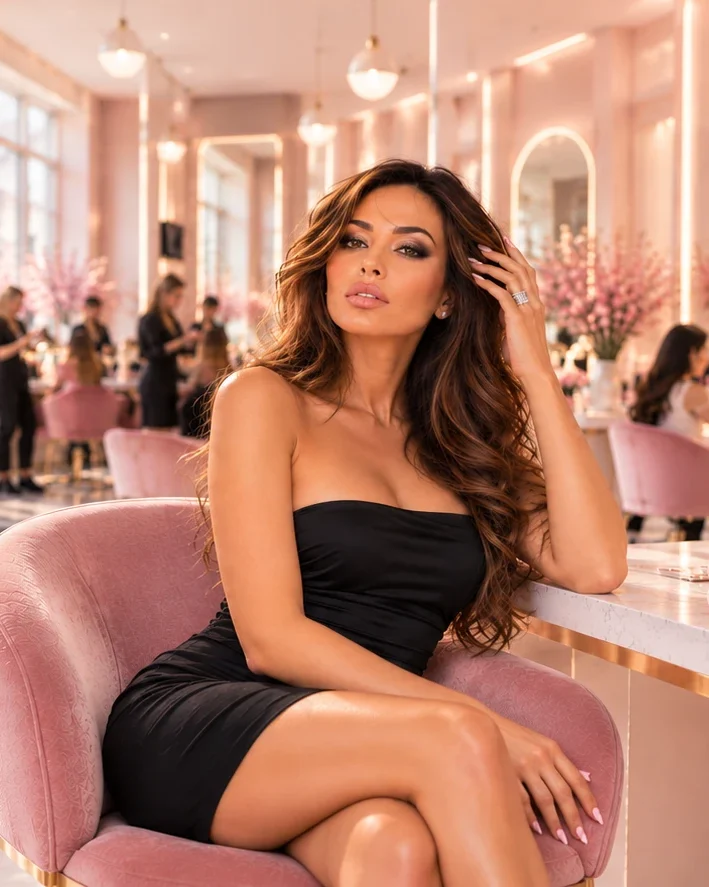 Femeie elegantă într-un salon de frumusețe roz, cu flori de cireș